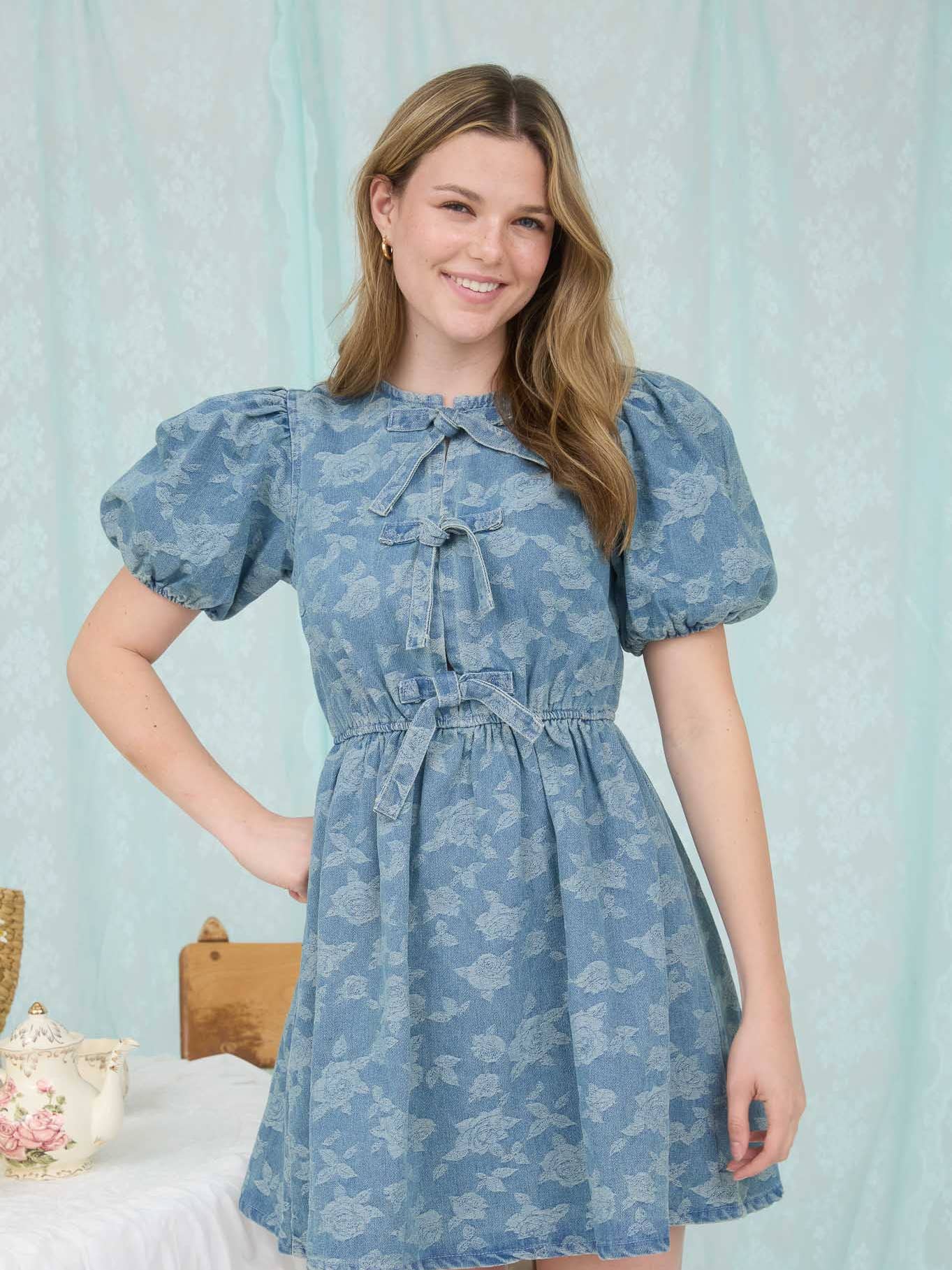 indie mini dress The Rose Front Tie Puff Sleeve Denim – Poppy & Co Size:EU 42 Regular high-low prom dresses Straps Fabric Type PRETTYGARDEN Women's Pink Long
