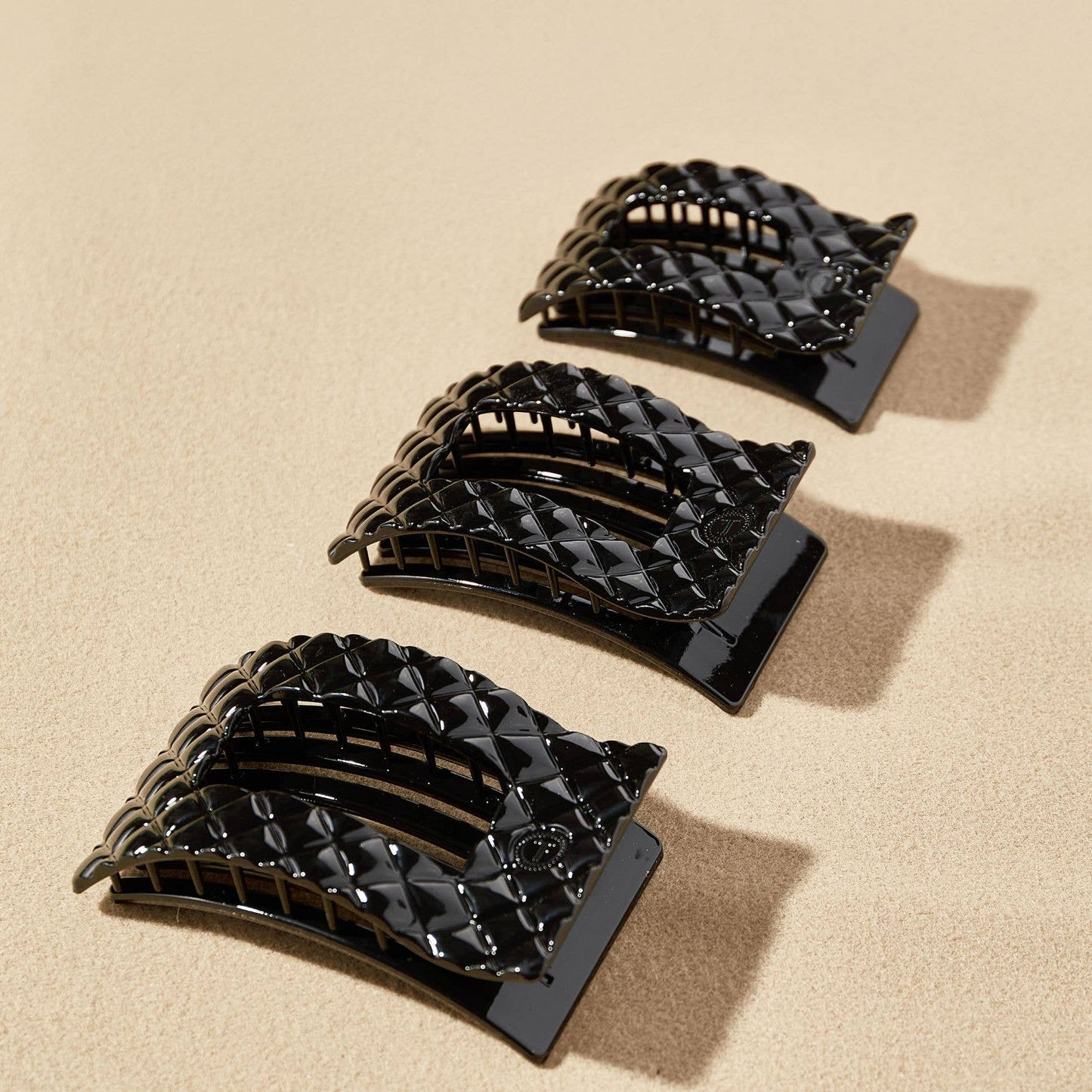 TELETIES - Large Flat Rectangle Hair Clip - Jet Black Quilted
