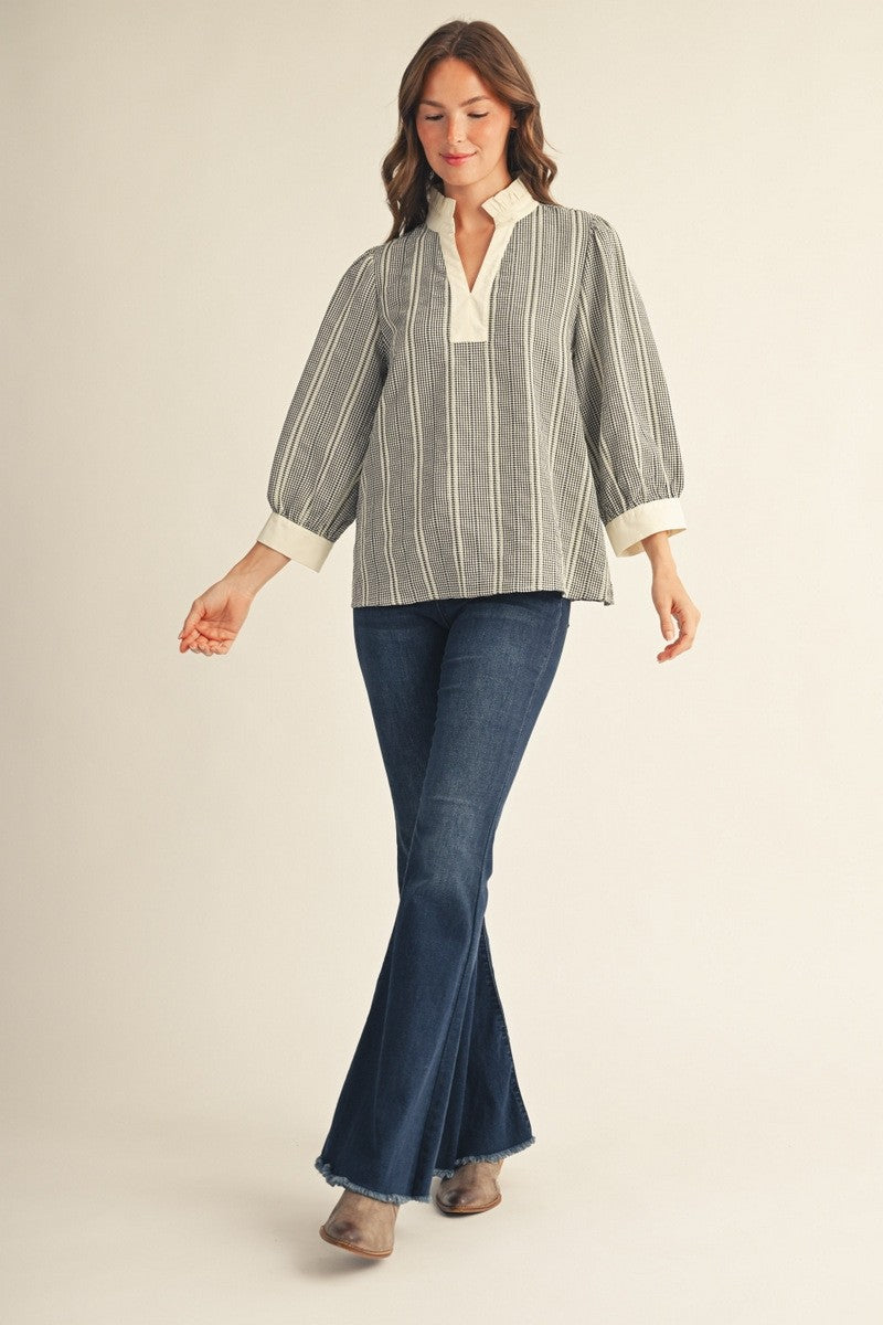 The Brock Ruffled Neckline Gingham Top - Black