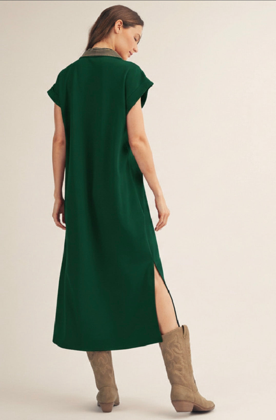The Ophelia Stitch Detail Side Slit Midi Dress - Hunter Green