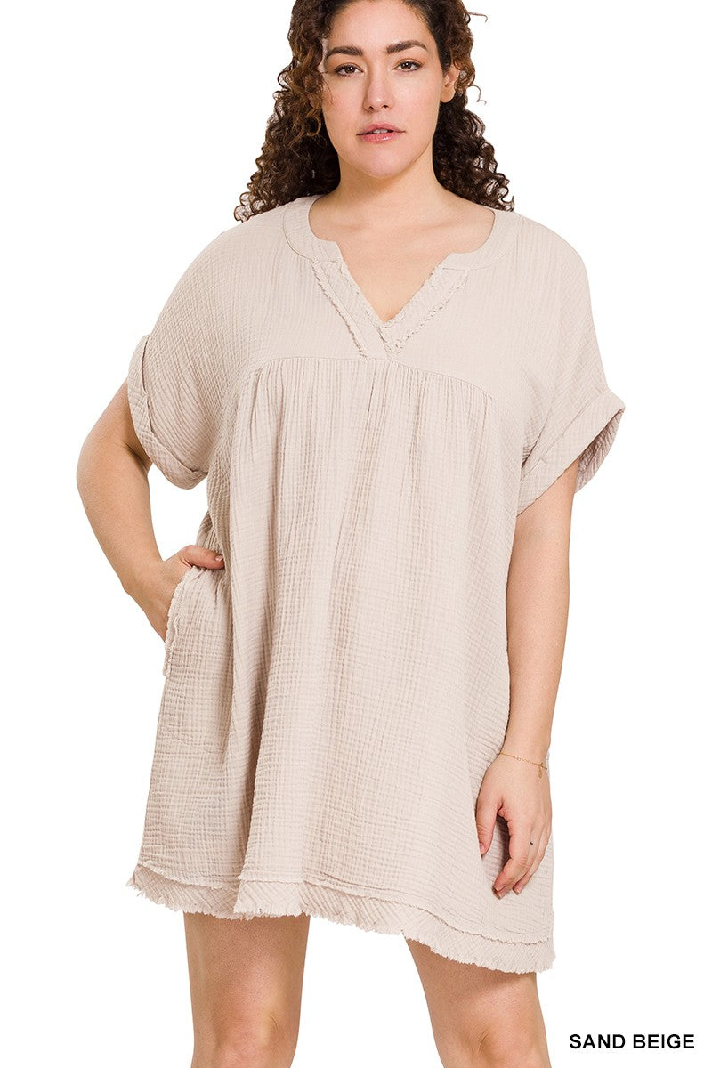 CURVY - The Kaylin Gauze Raw Edge V-neck Dress - Sand Beige