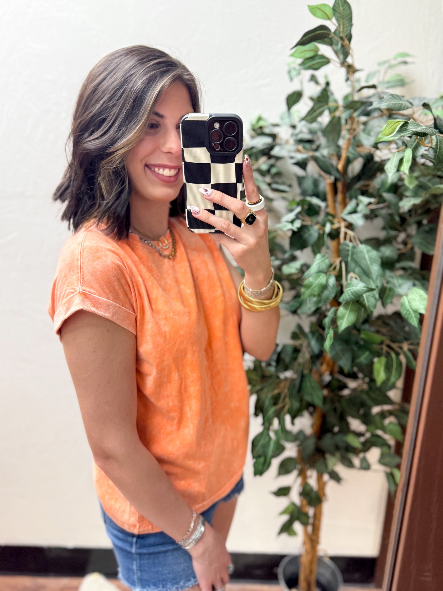 The Lina Halo Acid Wash Cuffed Tee - Orange