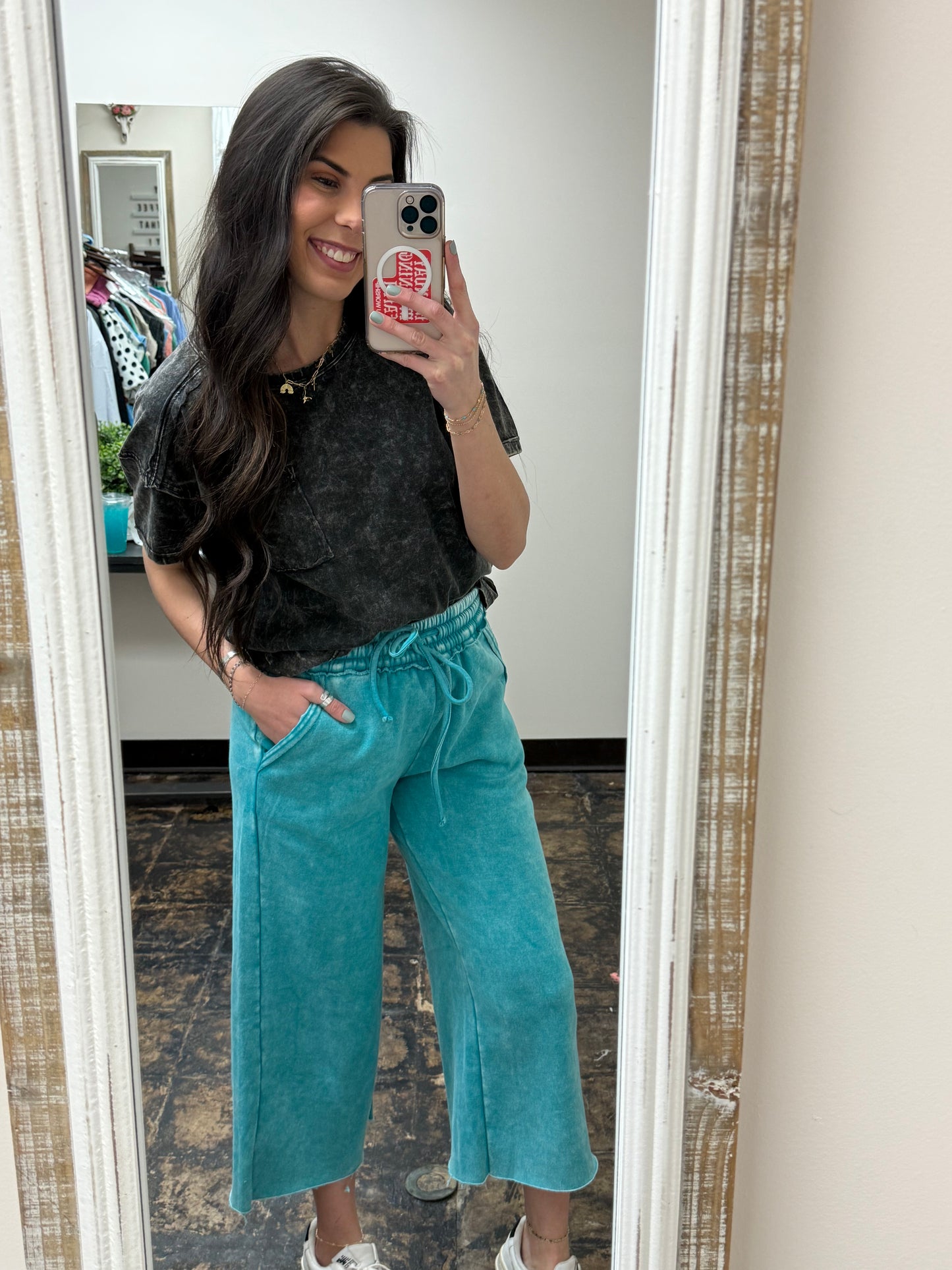 The Gizelle Acid Wash Palazzo Sweatpants - Teal