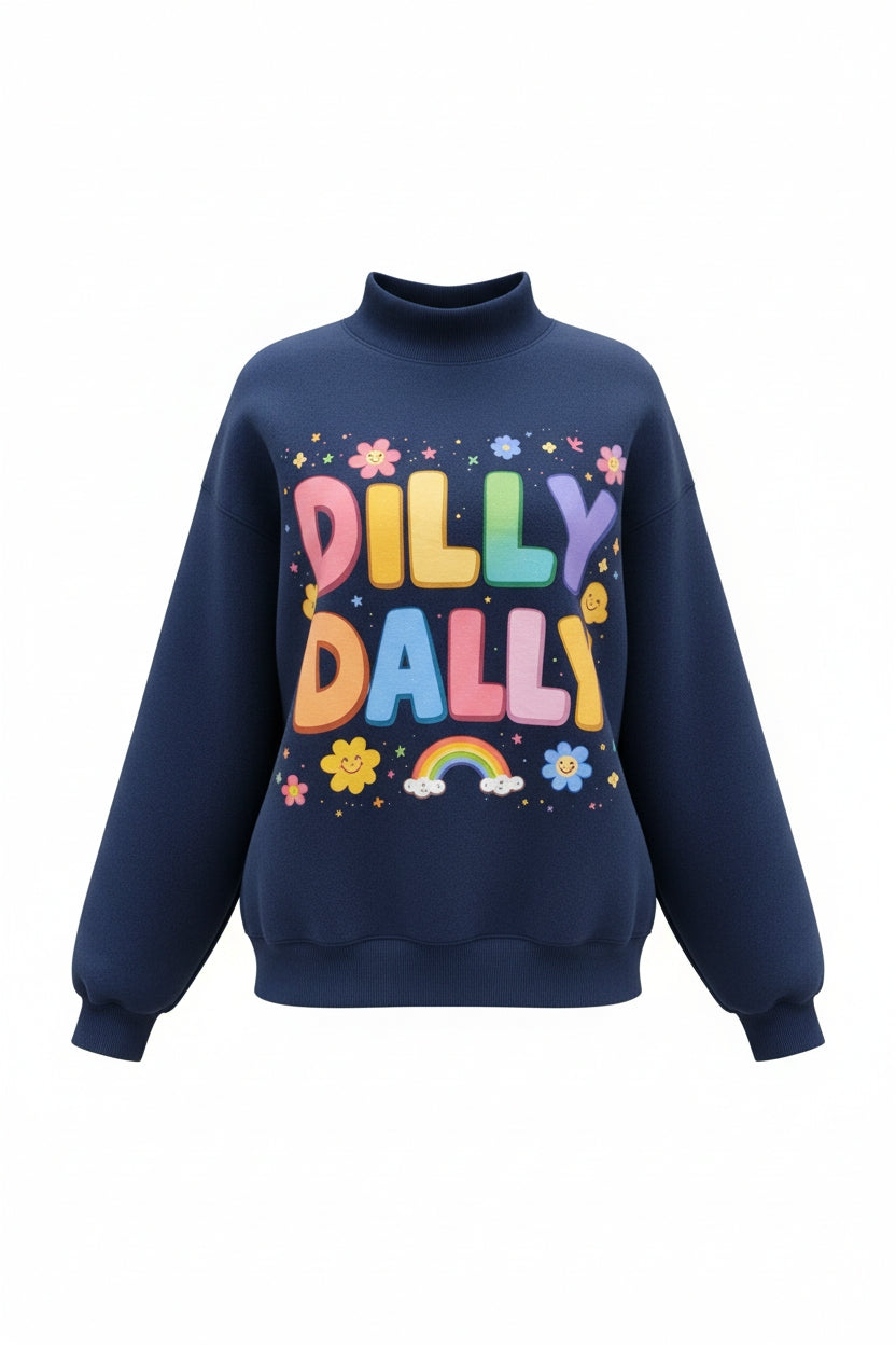 The Dilly Dally Reversible Mock Neck Sweatshirt - Navy/Rainbow