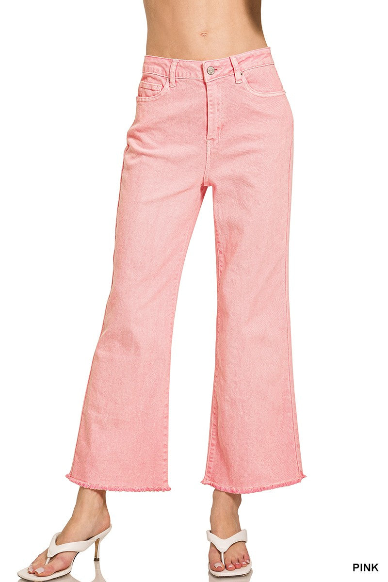 The Braylin Acid Wash High Waist Frayed Hem Pants - Pink
