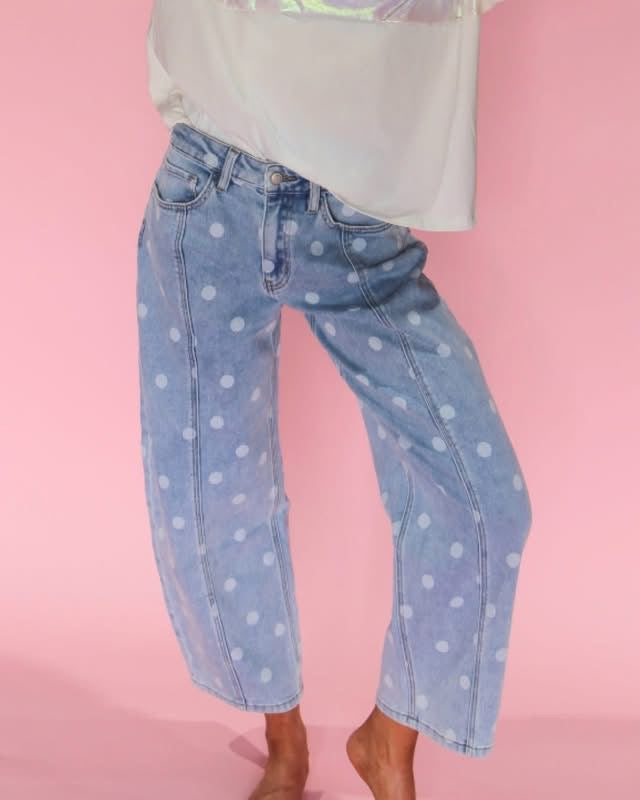 The Jeana Polka Dot Barrel Jeans - Denim/White