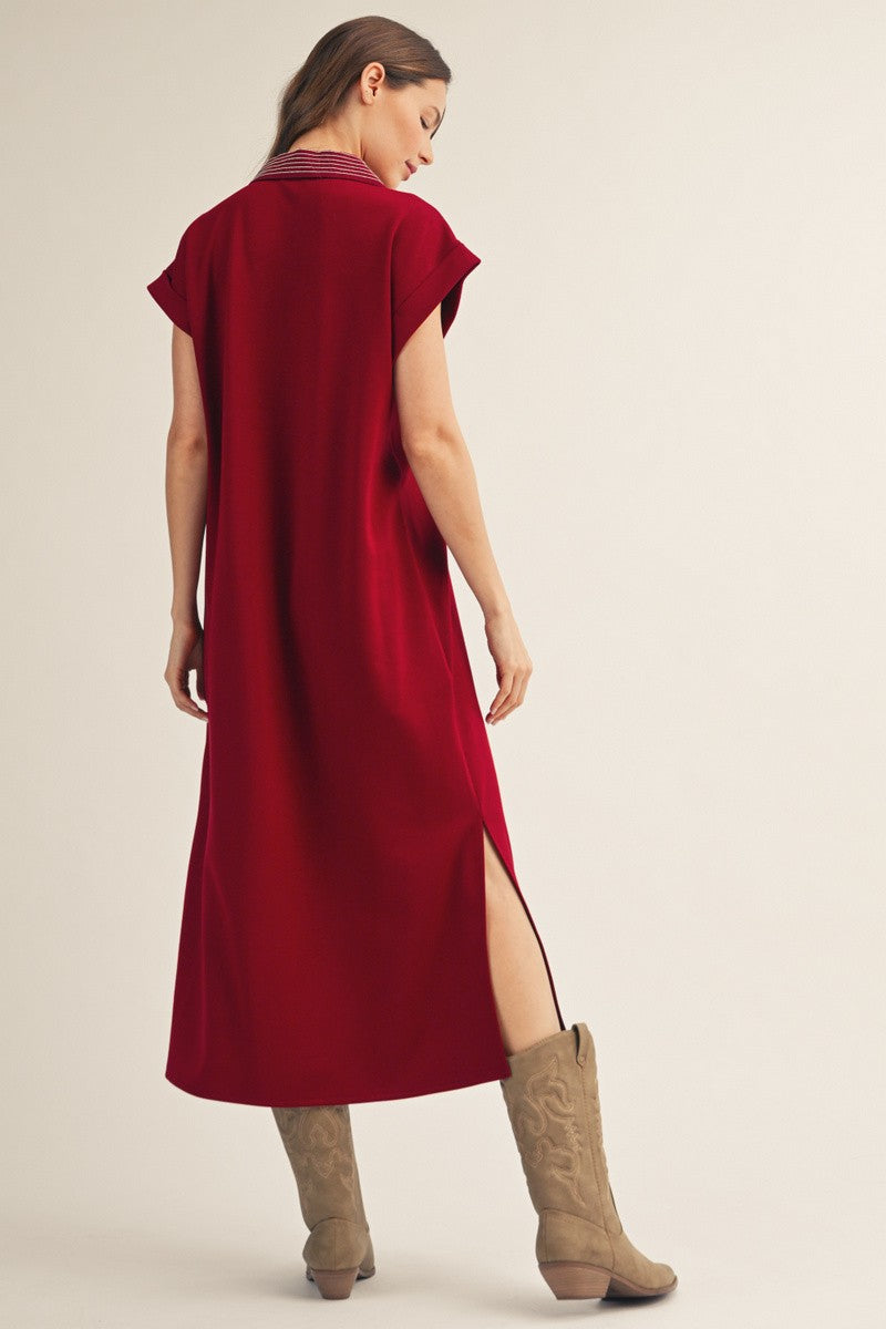The Ophelia Stitch Detail Side Slit Midi Dress - Burgundy