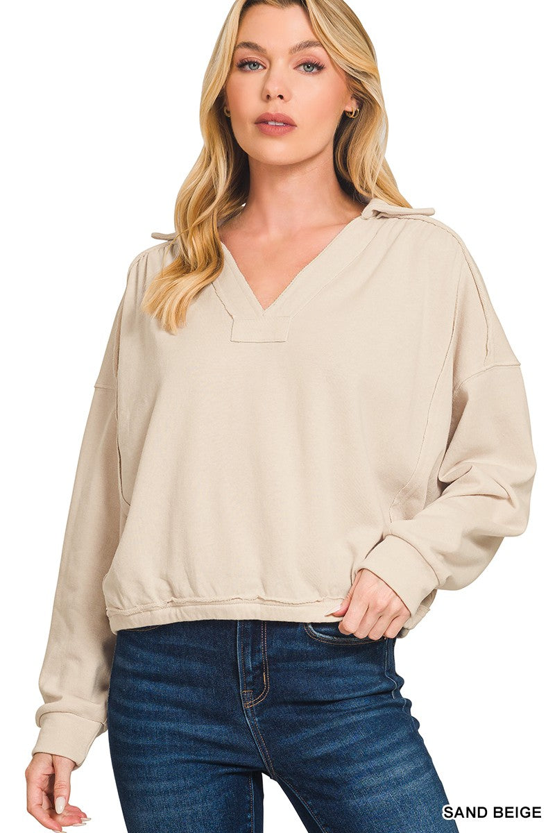 The Ryleigh French Terry Collared Pullover - Sand Beige