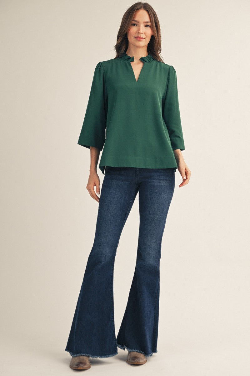 The Elena Ruffled Neck Crinkle Solid Top - Hunter Green