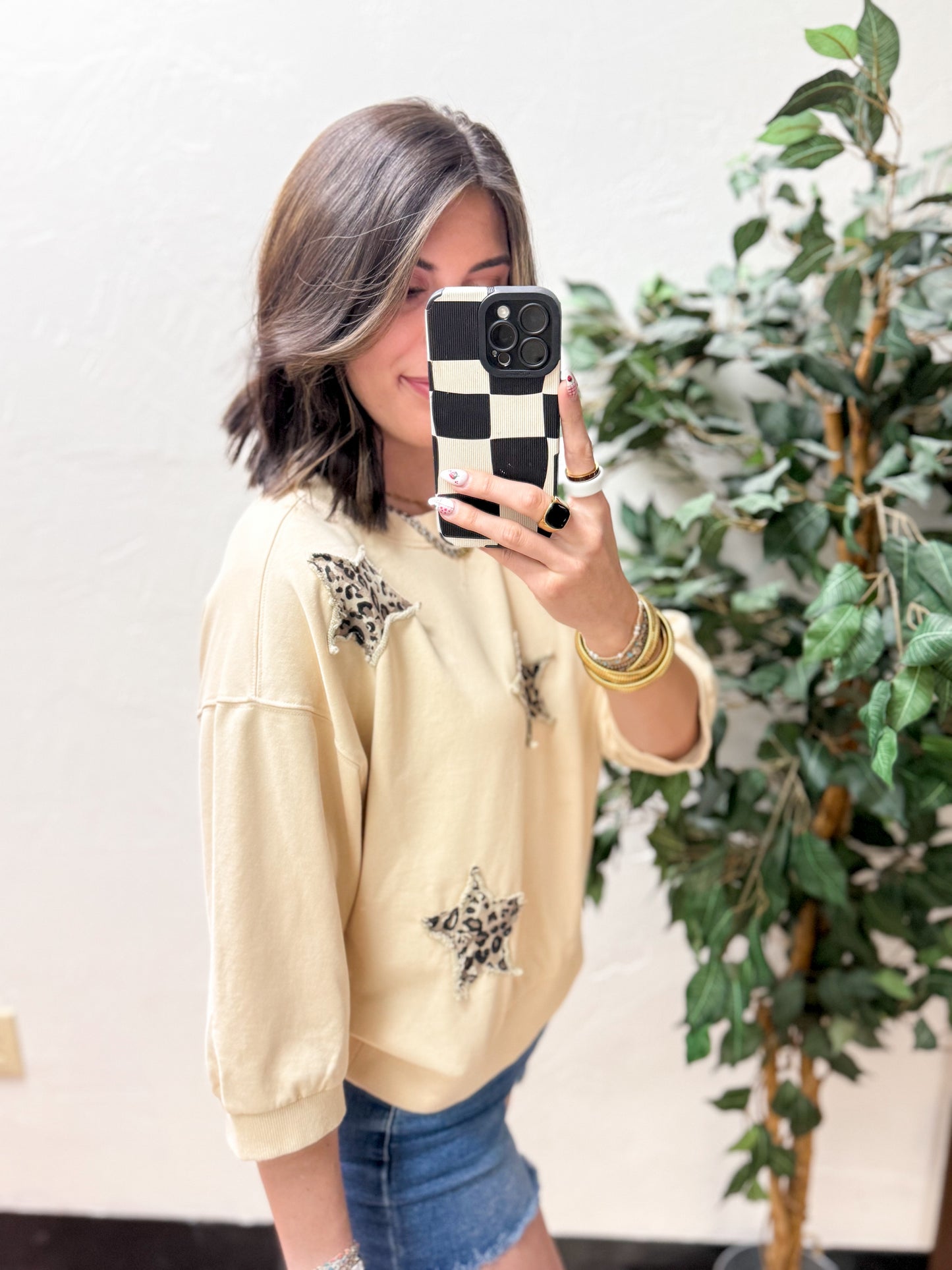 The Julienne Leopard Star Patched Washed Top - Beige