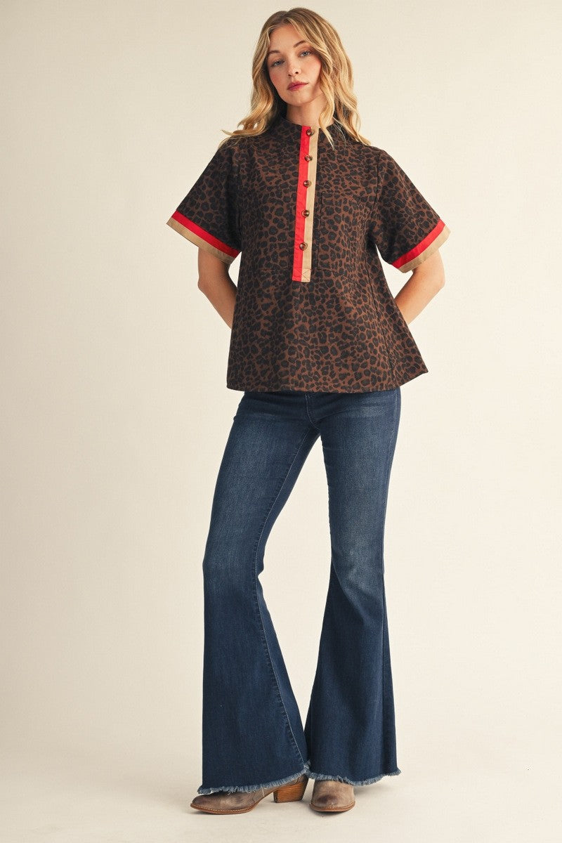 The Camren Contrast Accent Mock Neck Leopard Top - Brown