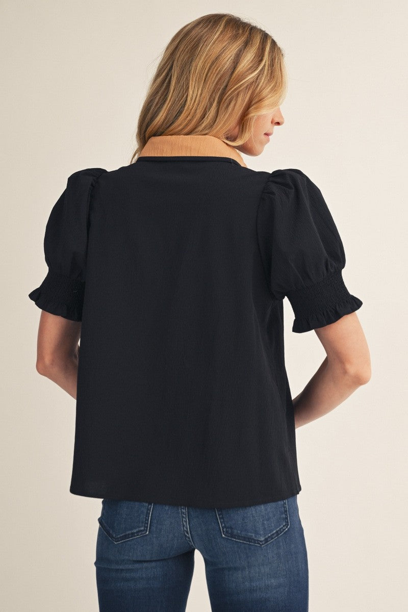 The Preston Contrast Accent Crinkle Top - Black