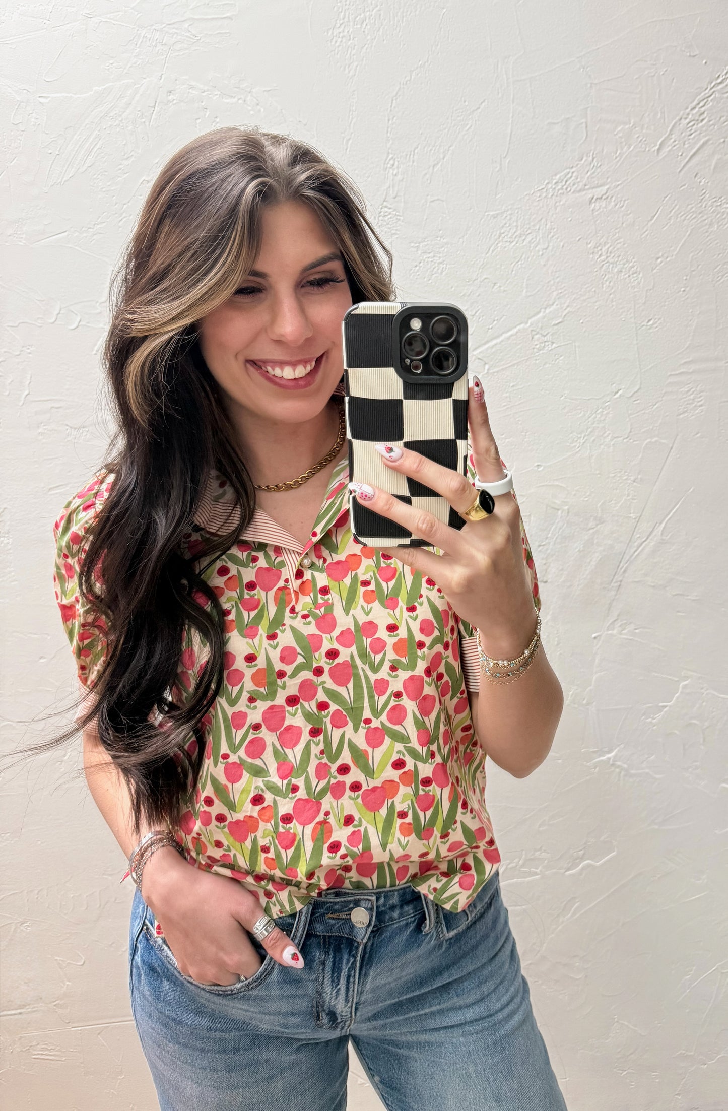 The Elley Stripe Contrast Detail Floral Top - Red