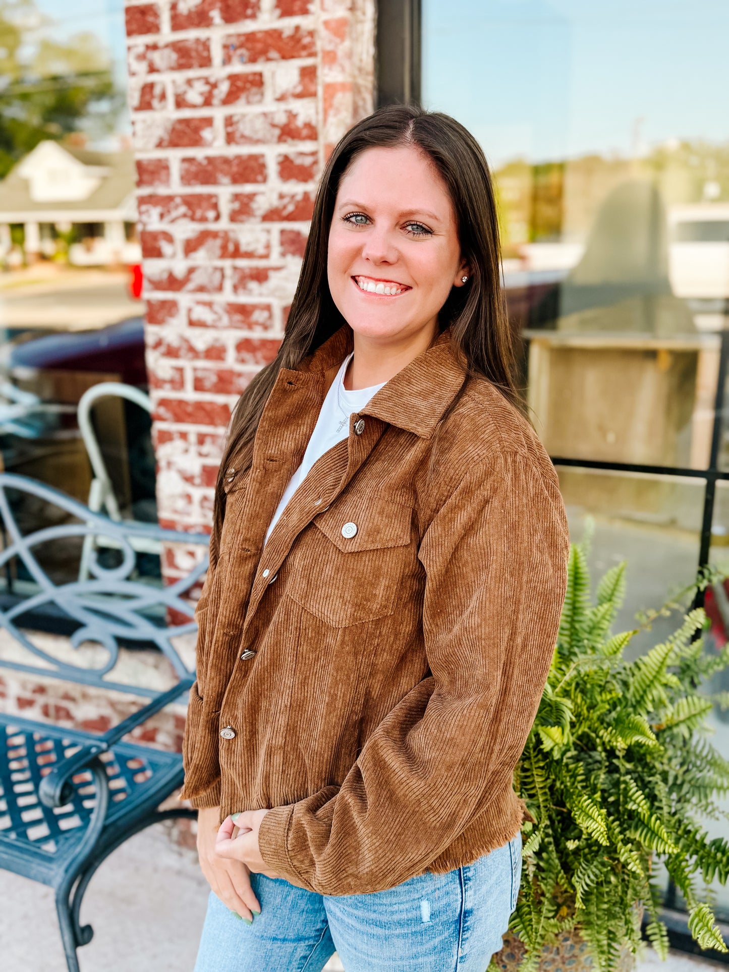 The Emersyn Corduroy Distressed Shacket - Deep Camel