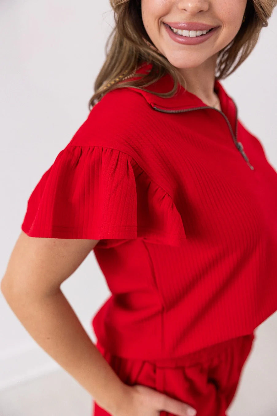 FINAL SALE - The Halee Quarter Zip w/ Flutter Sleeves - Red