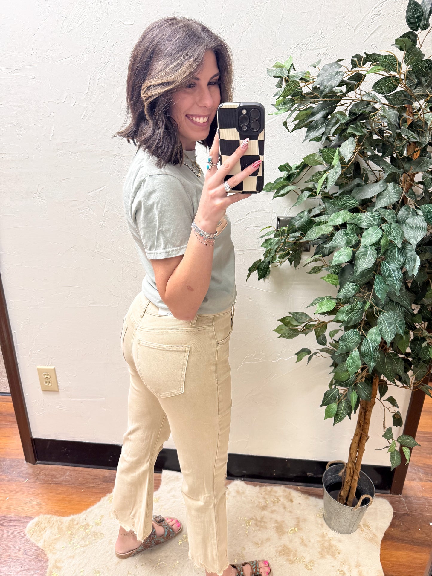 The Tristan Acid Wash High Waist Distressed Straight Pants - Sand Beige