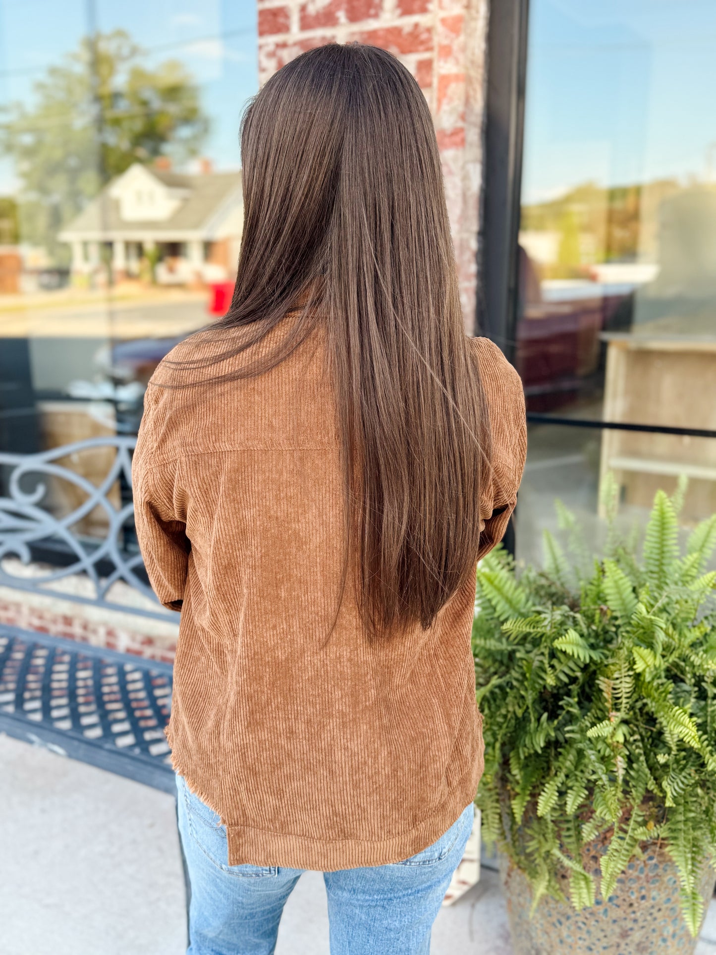 The Emersyn Corduroy Distressed Shacket - Deep Camel