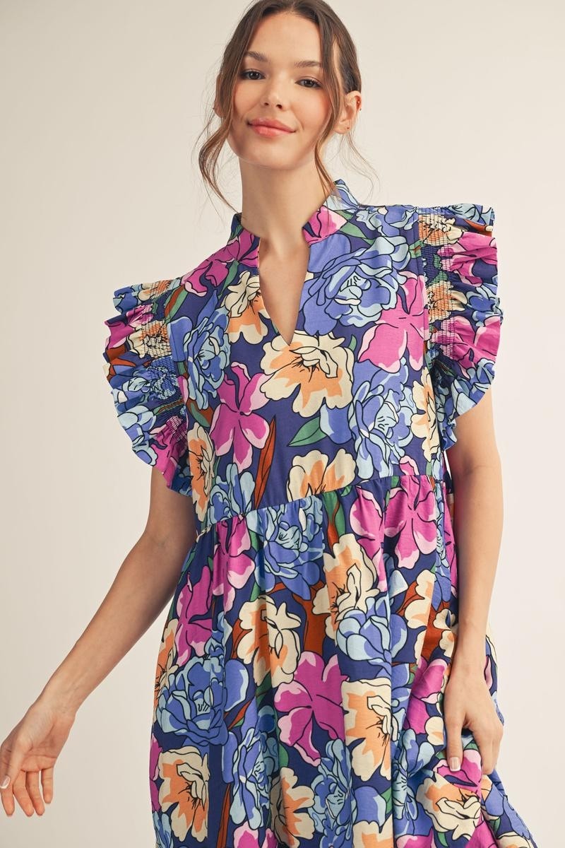 The Keri Ruffle Sleeve Floral Midi Dress - Royal