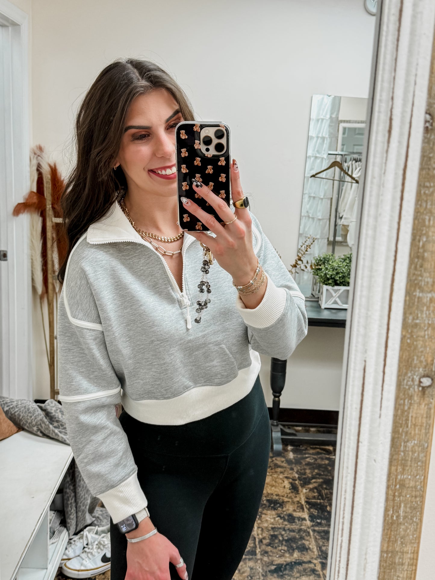 Simply Southern - Contrast Quarter Zip Pullover - Heather Grey / Oatmeal - 2025