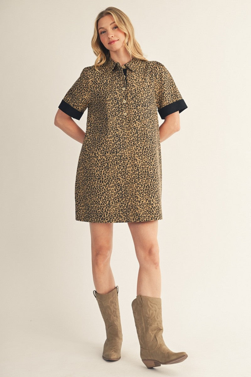 The Malorie Color Contrast Accent Leopard Dress - Taupe