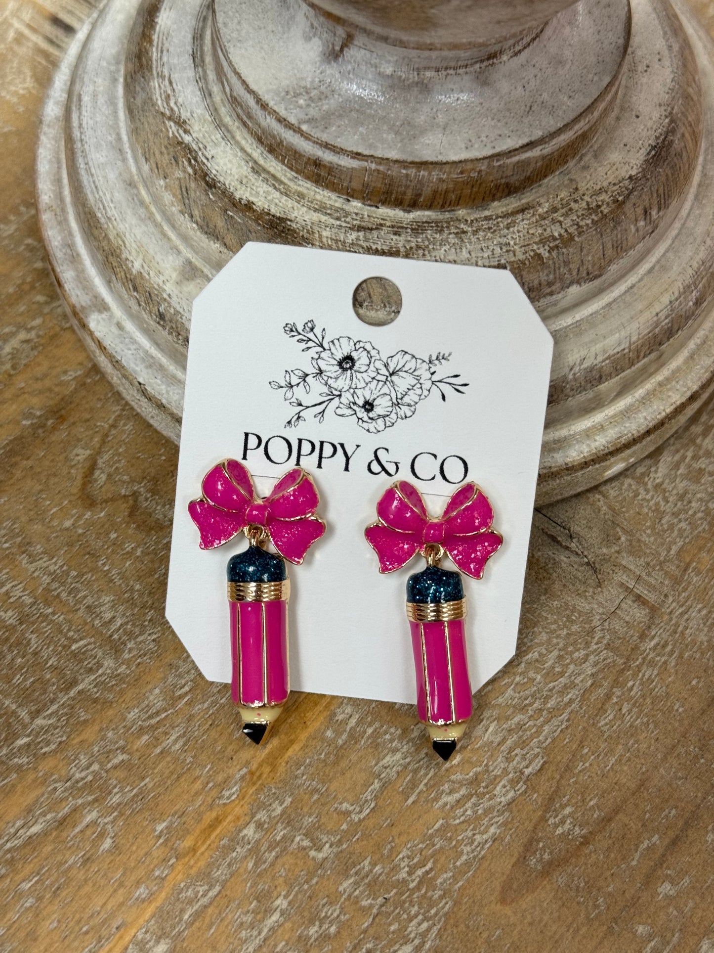 The Teacher Bow Pencil Dangle Earrings - Pink