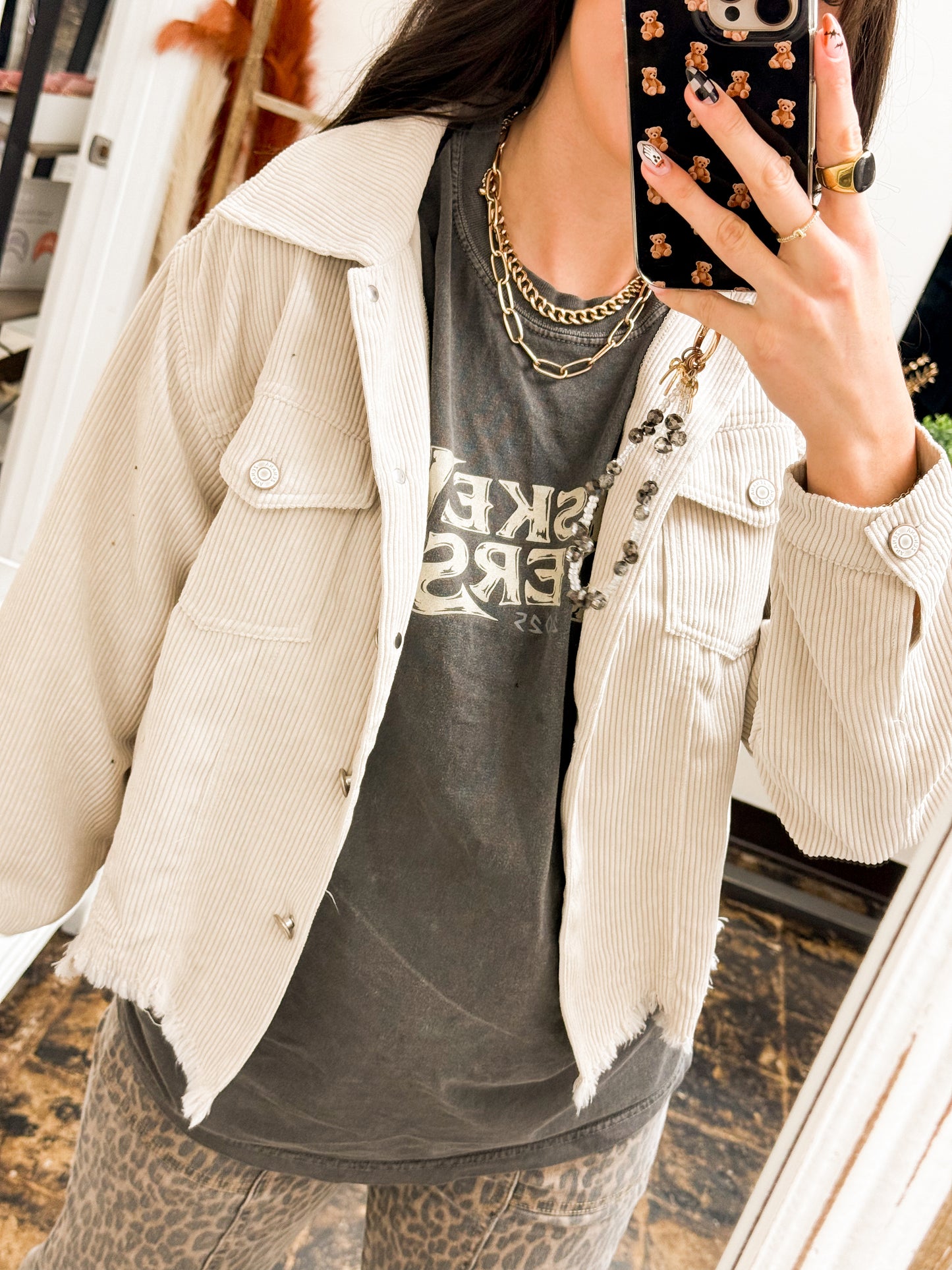 The Emersyn Corduroy Distressed Shacket - Sand Beige