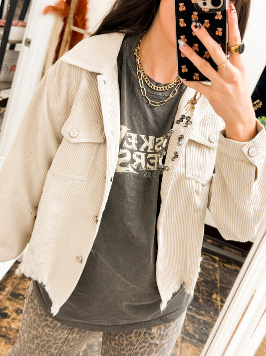The Emersyn Corduroy Distressed Shacket - Sand Beige