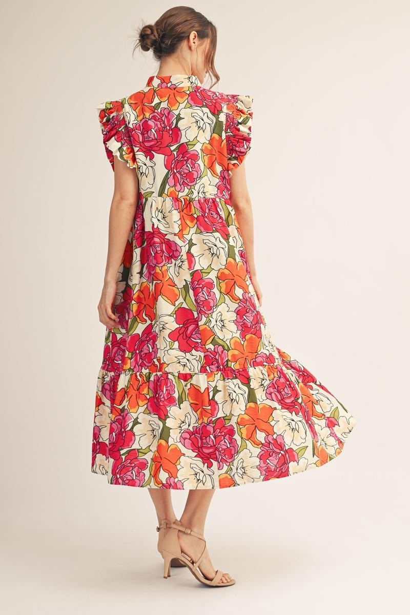 The Keri Ruffle Sleeve Floral Midi Dress - Red