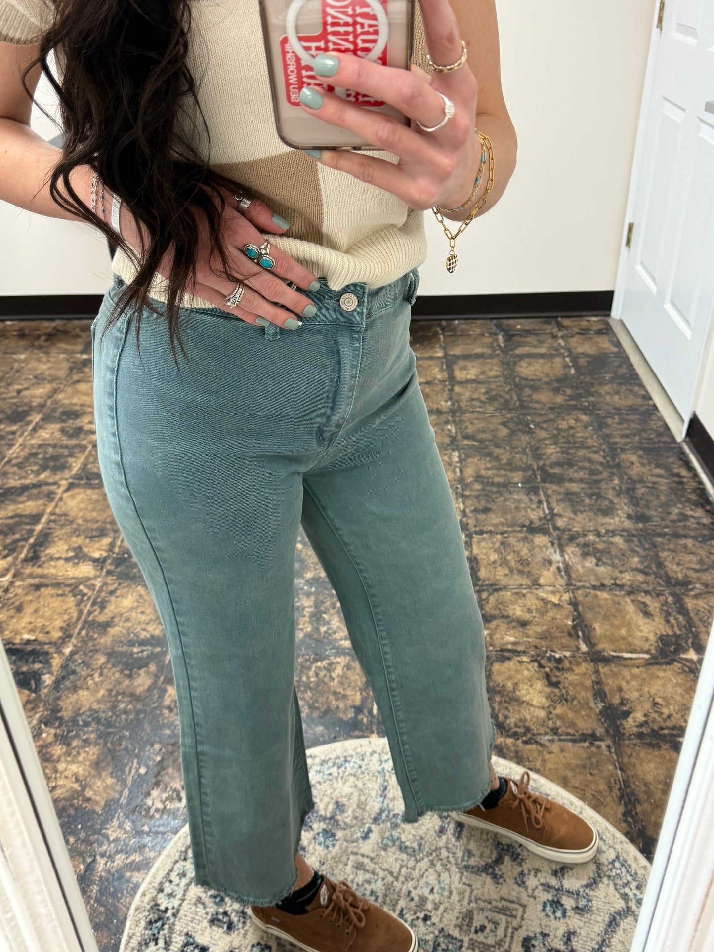 The Kristi Acid Wash Cropped Pants - Teal