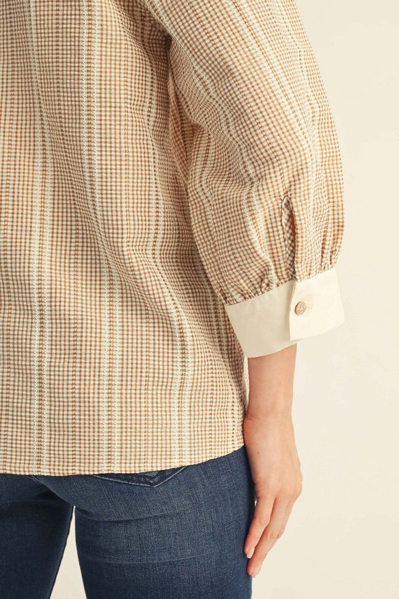 The Brock Ruffled Neckline Gingham Top - Taupe