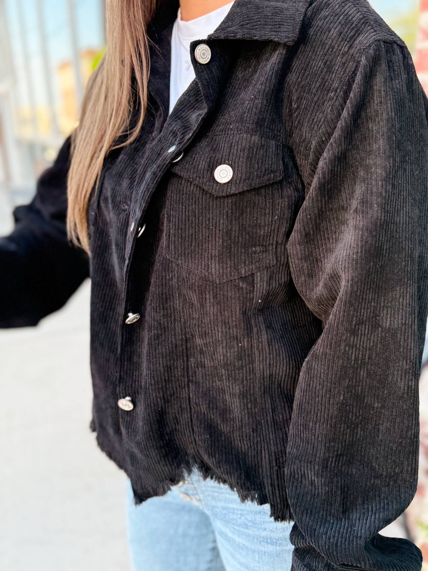 The Emersyn Corduroy Distressed Shacket - Black