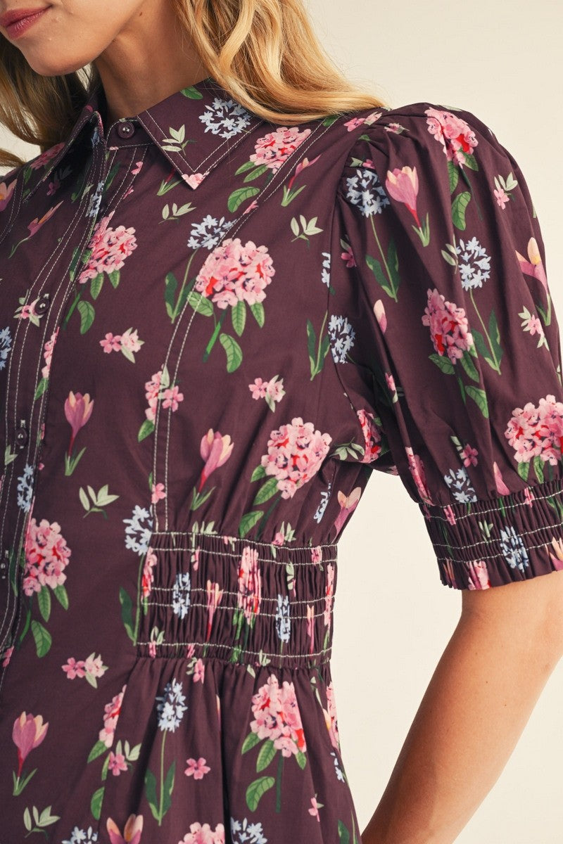 The Amelia Smocking Detail Button Down Floral Midi Dress - Eggplant