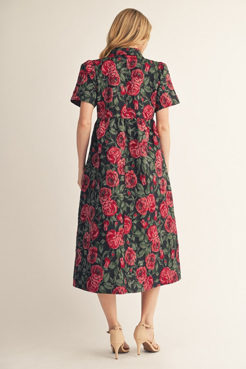 The Penelope Puff Shoulder Floral Jacquard Midi Dress - Black