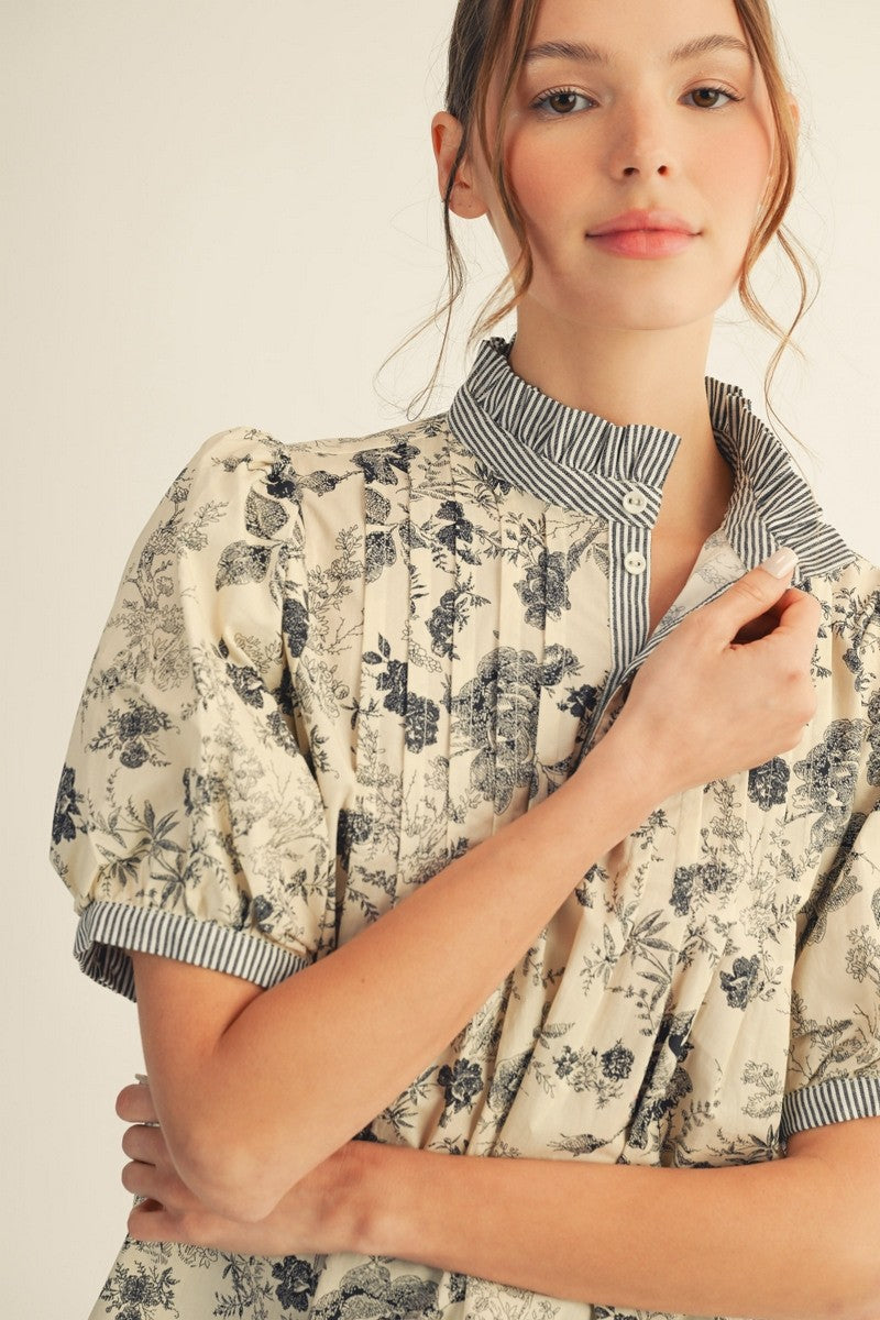 The Jennica Pintuck Detail Button Up Floral Top - Black