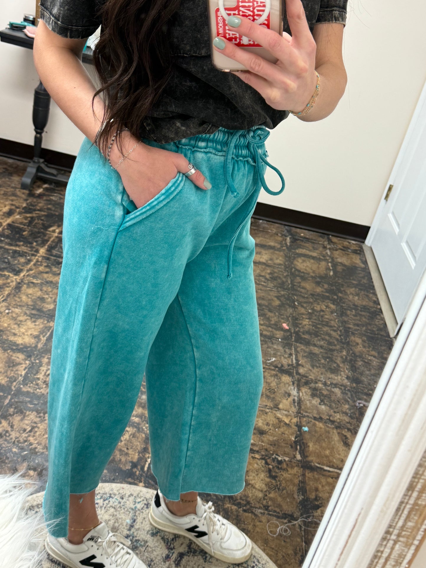 The Gizelle Acid Wash Palazzo Sweatpants - Teal