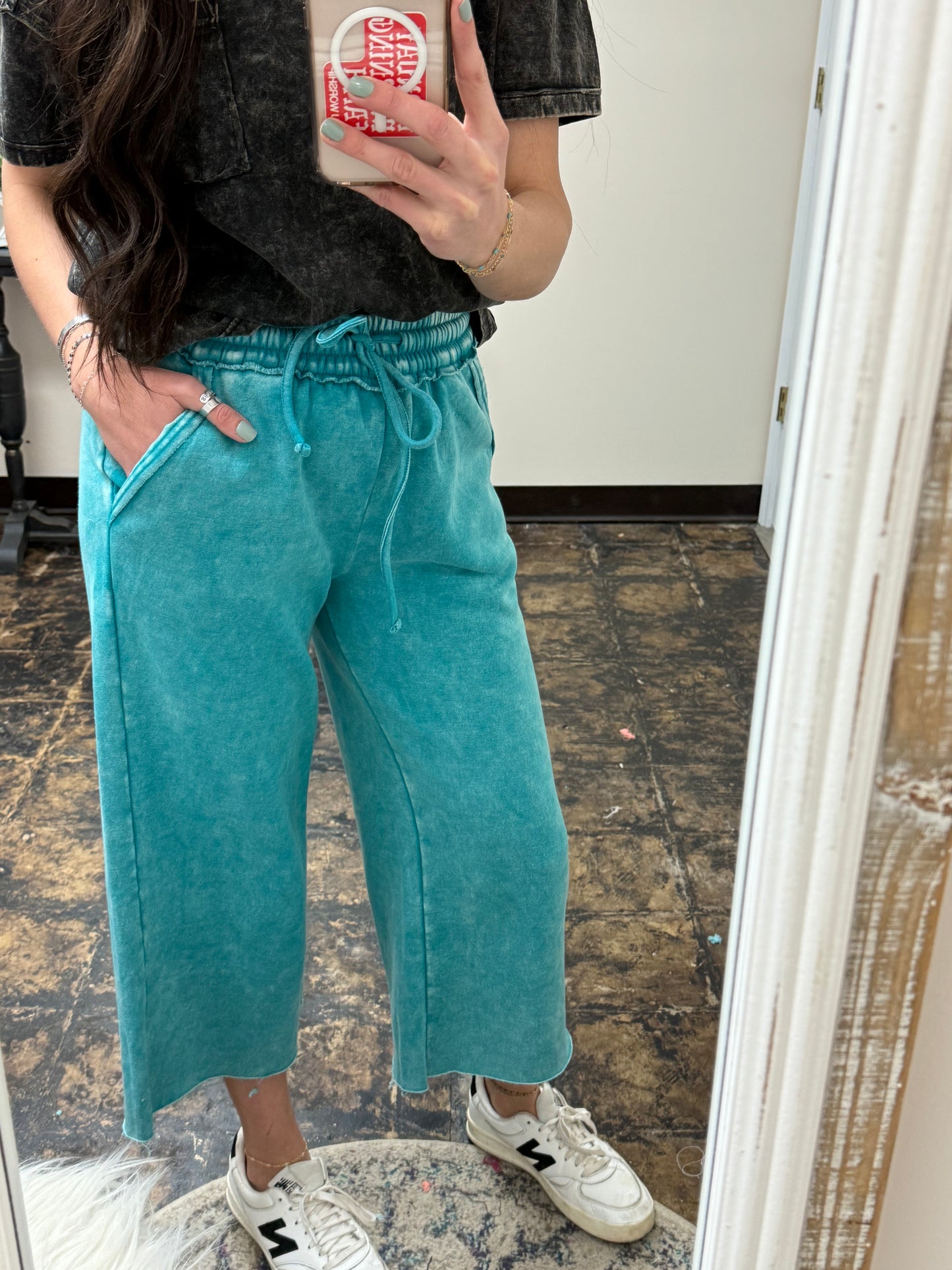 The Gizelle Acid Wash Palazzo Sweatpants - Teal