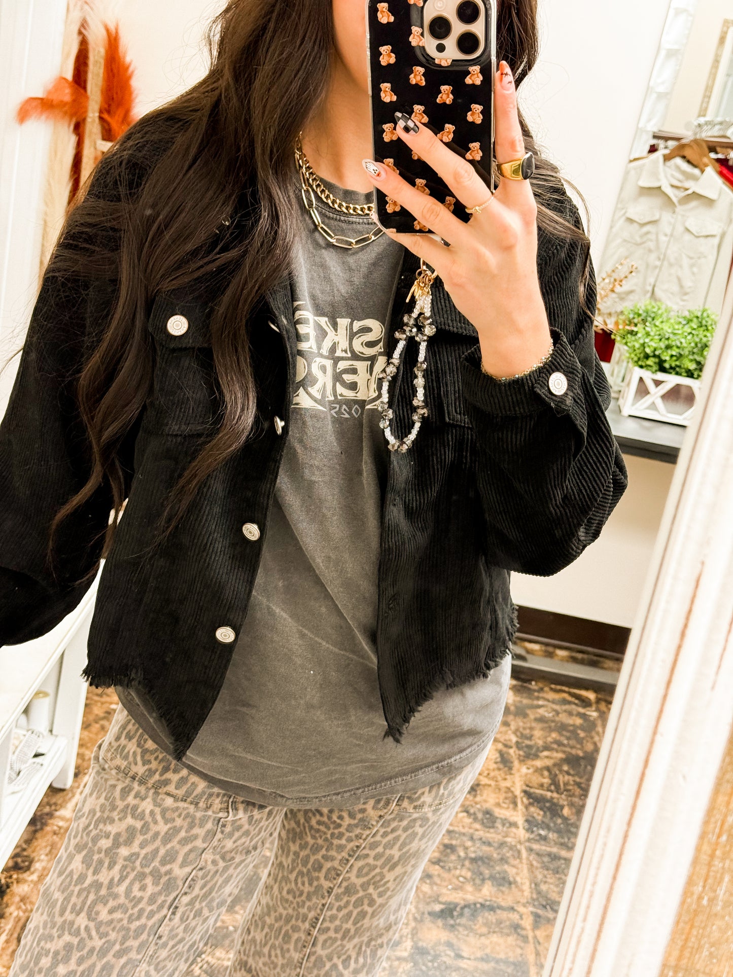 The Emersyn Corduroy Distressed Shacket - Black