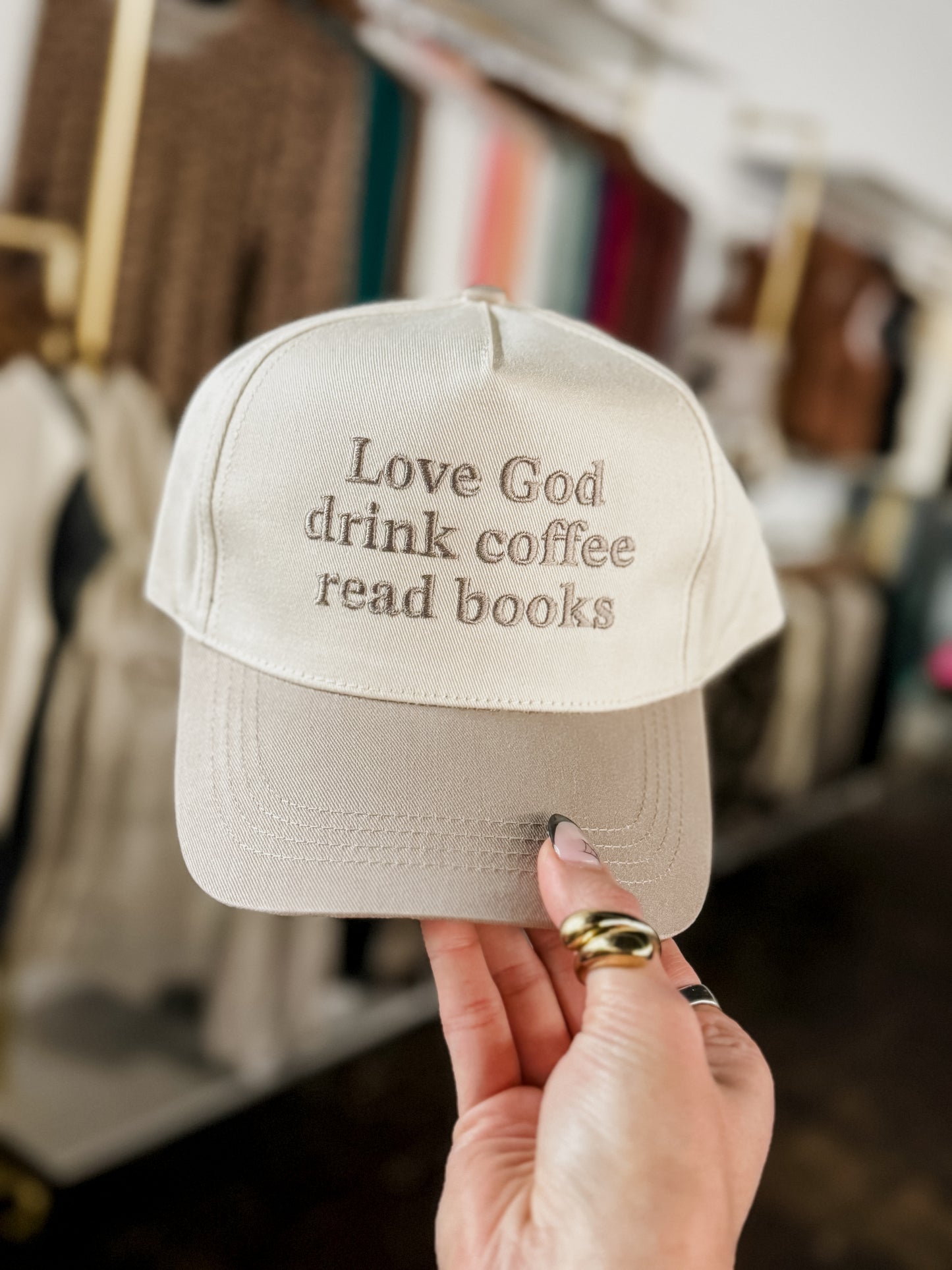 The "Love God, Drink Coffee, Read Books" Hat - Tan