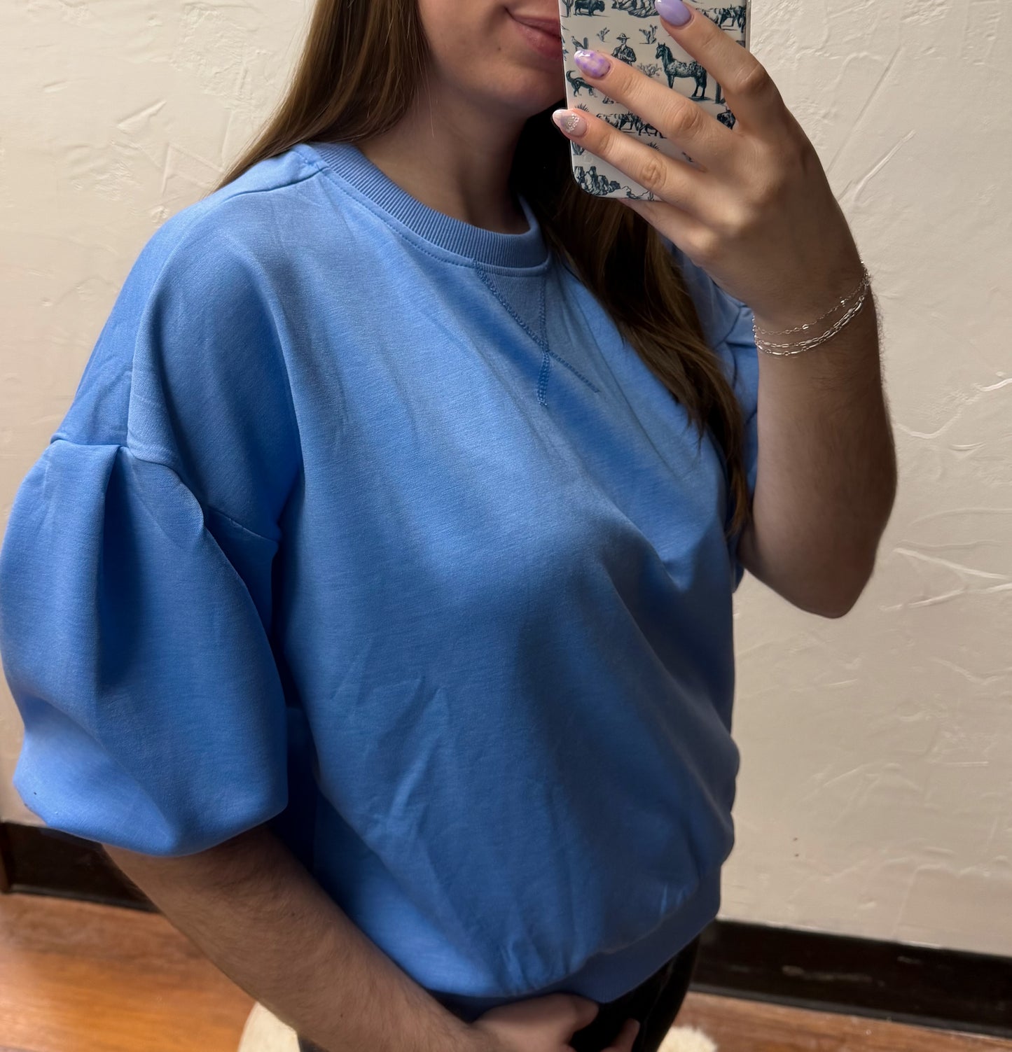 The Lola Scuba Dolman Sleeve Pullover - Cornflower Blue