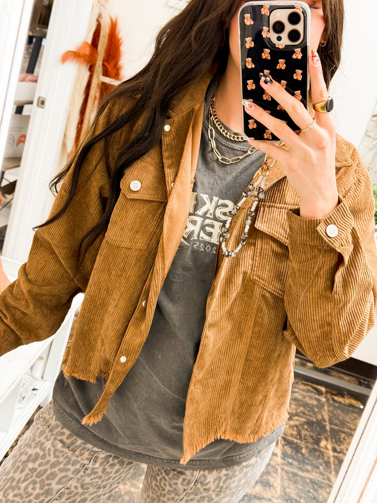 The Emersyn Corduroy Distressed Shacket - Deep Camel