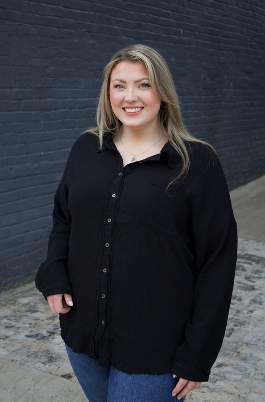 The Marilyn Oversized Raw Edge Top - Black