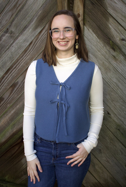 The Isla Bow Sweater Front - Dusty Blue