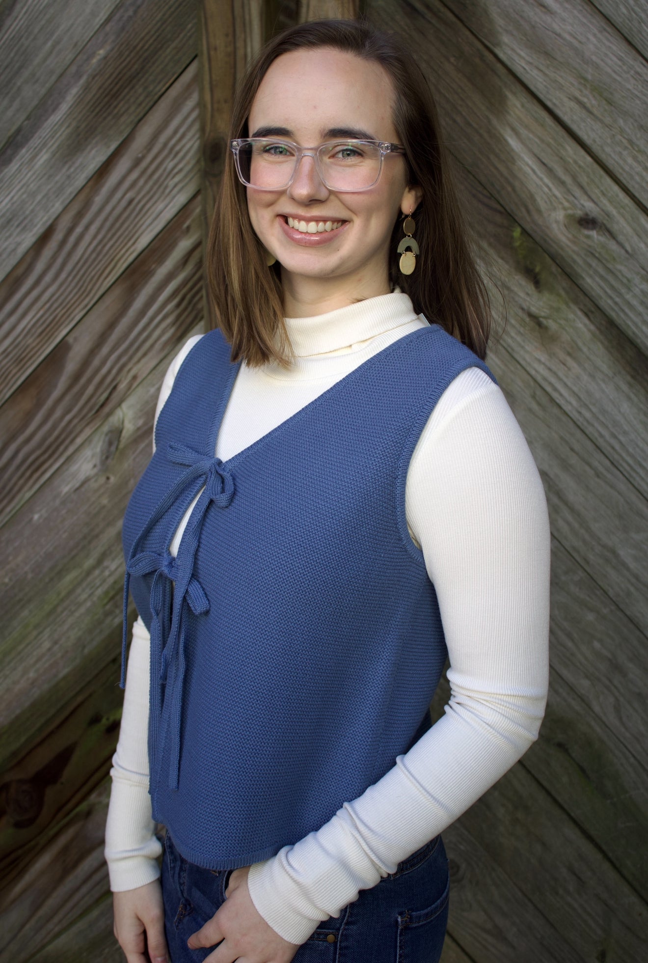 The Isla Bow Sweater Front - Dusty Blue