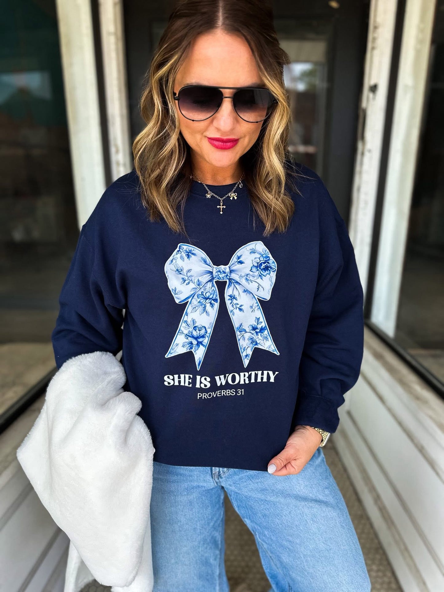 The She Is Worthy Floral Bow Sweatshirt