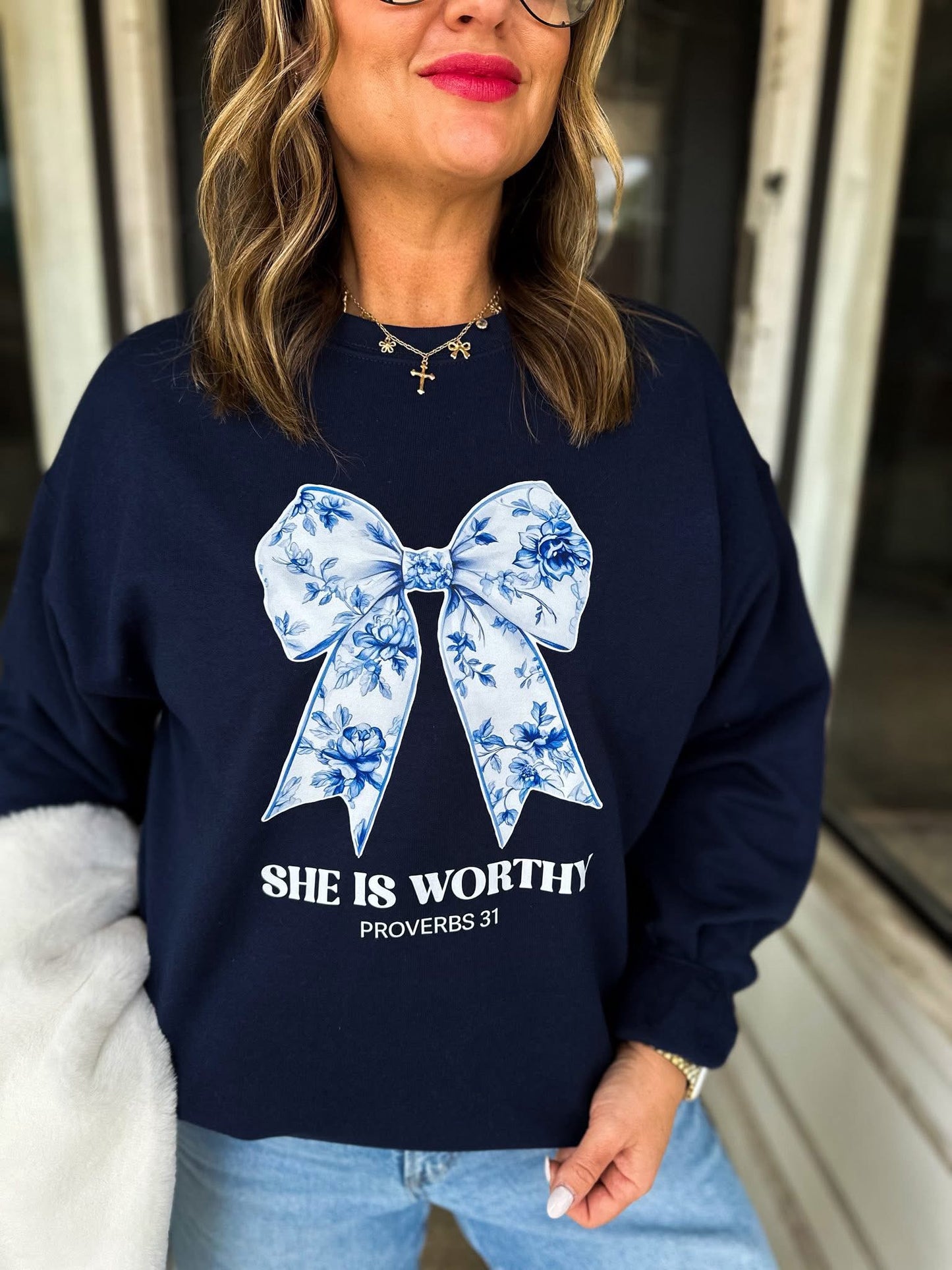 The She Is Worthy Floral Bow Sweatshirt