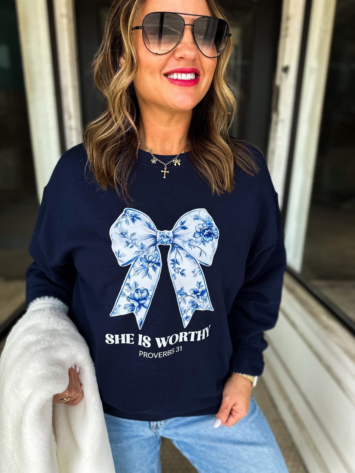 The She Is Worthy Floral Bow Sweatshirt
