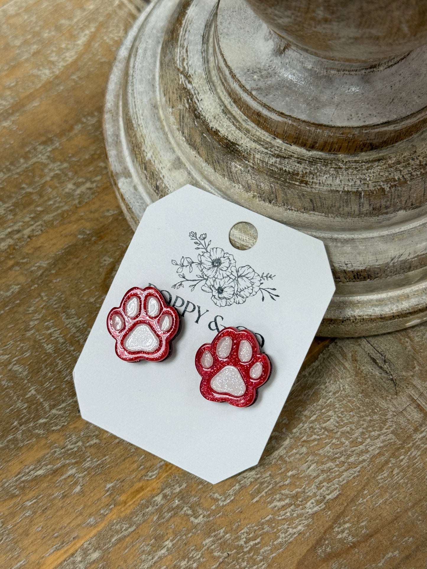 The Pawprint Stud Earrings - Red/White