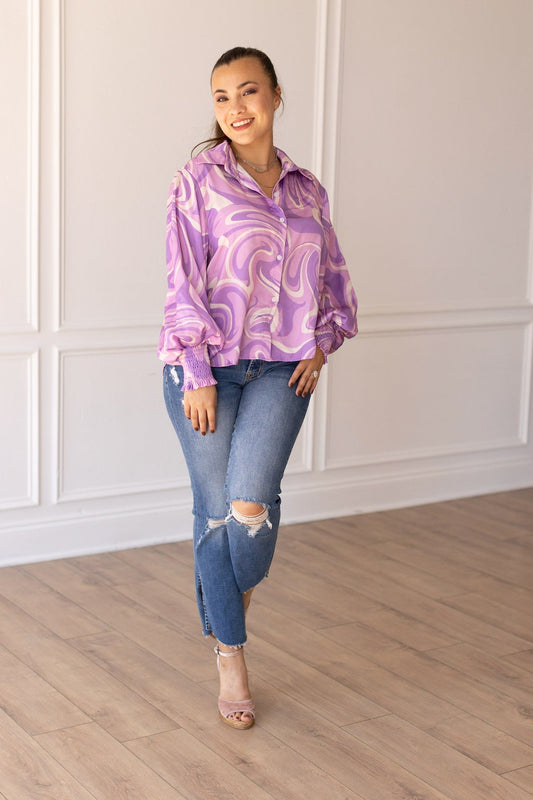 FINAL SALE - The Retro Reverie Balloon Sleeve Blouse - Purple Satin