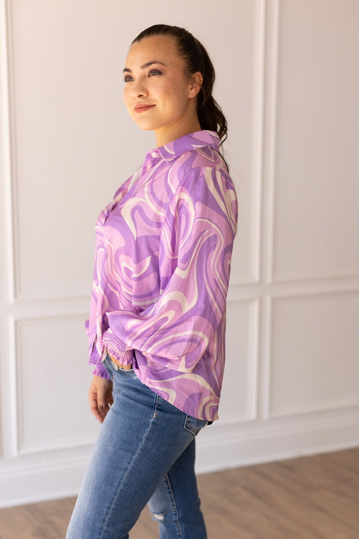FINAL SALE - The Retro Reverie Balloon Sleeve Blouse - Purple Satin