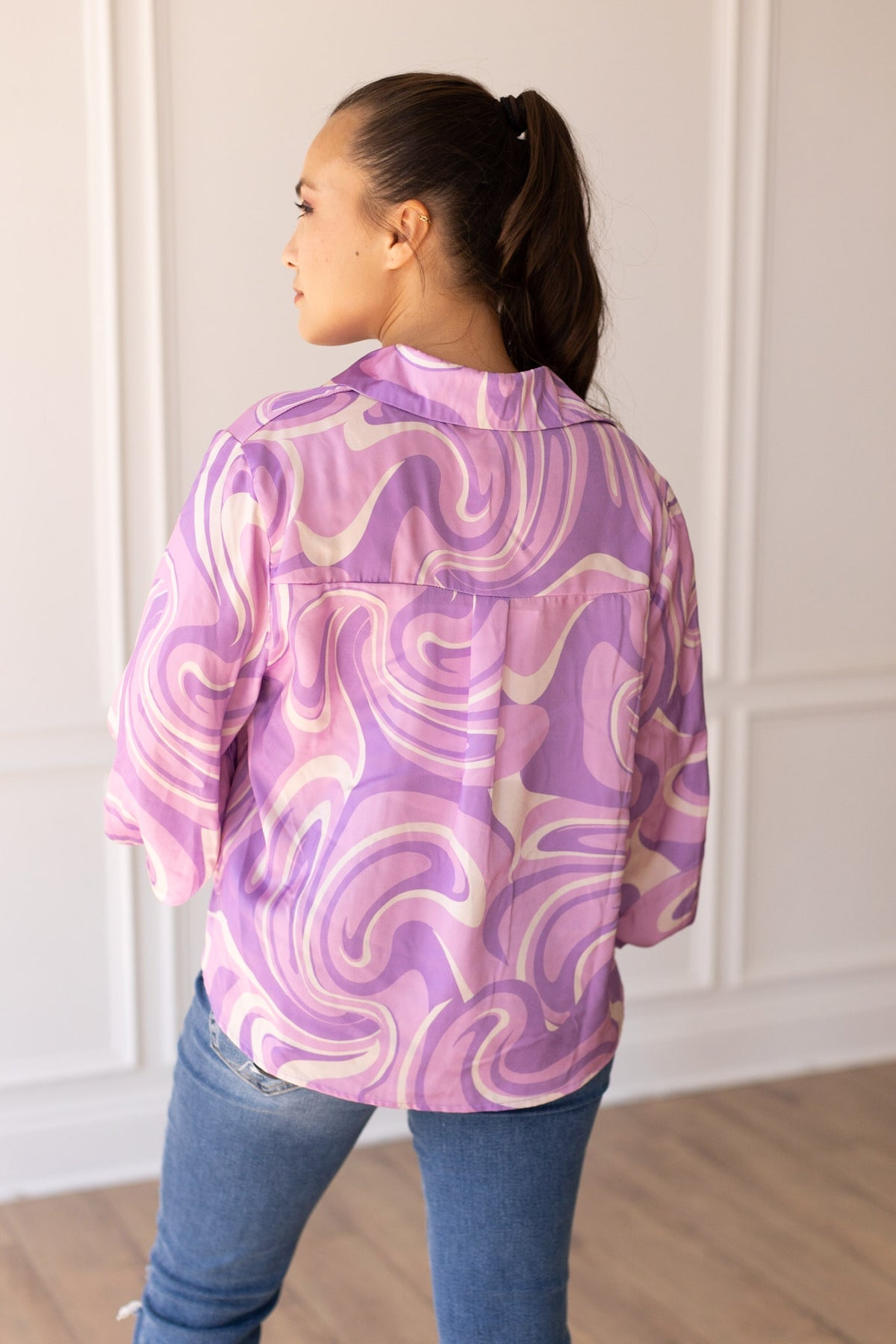 FINAL SALE - The Retro Reverie Balloon Sleeve Blouse - Purple Satin